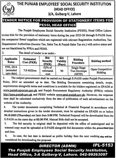 The Punjab Employee Social Security Institution Lahore Tender Notice